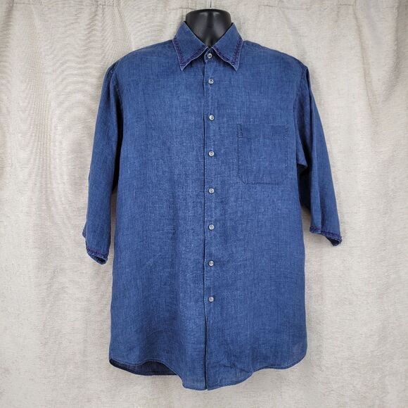 Scott Barber Vintage Men's Blue Linen Shirt with RicRac Trim - Picture 4 of 8